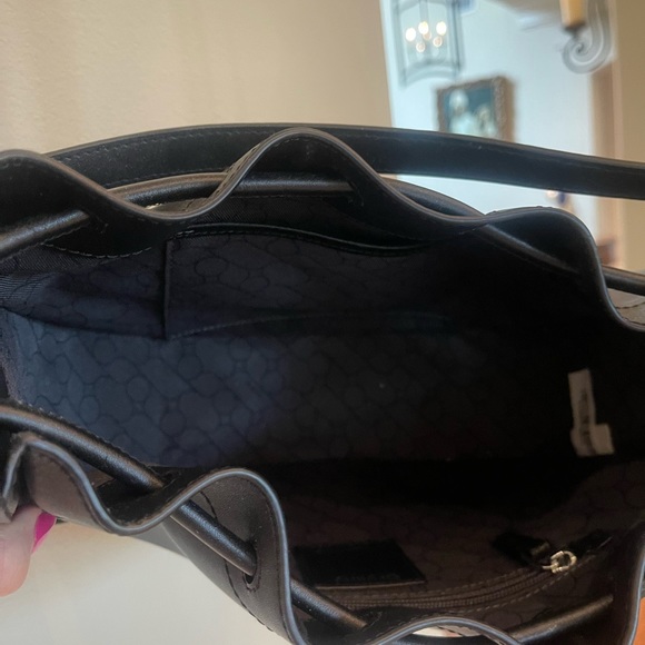 Black leather drawstring Oryany drawstring bucket bag. - Picture 9 of 15